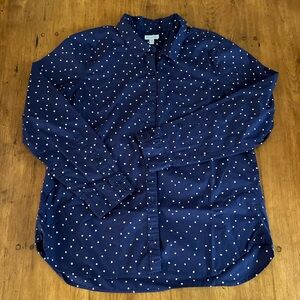 Garnet Hill Button Down Cotton Shirt Navy with White Hearts Size 14